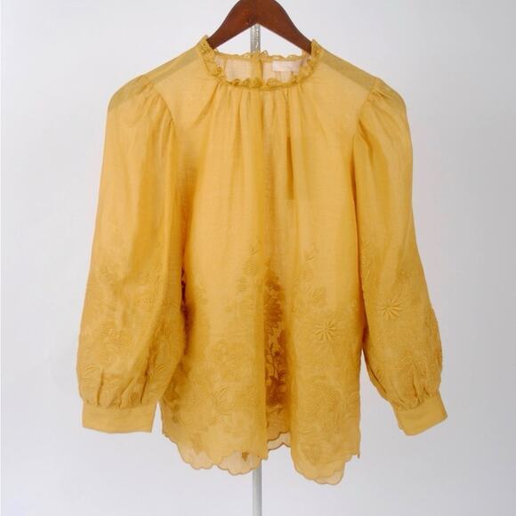 Vanessa Bruno Rioja Gold Yellow Embroidered Floral Peasant Blouse Size 36 - Picture 1 of 8